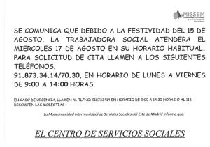 EL CENTRO DE SERVICIOS SOCIALES CERRADO EL DÍA 15 POR FESTIVIDAD. 
