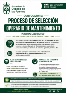 Convocatoria de proceso de selección personal laboral fijo,  plaza de  Operario de Mantenimiento